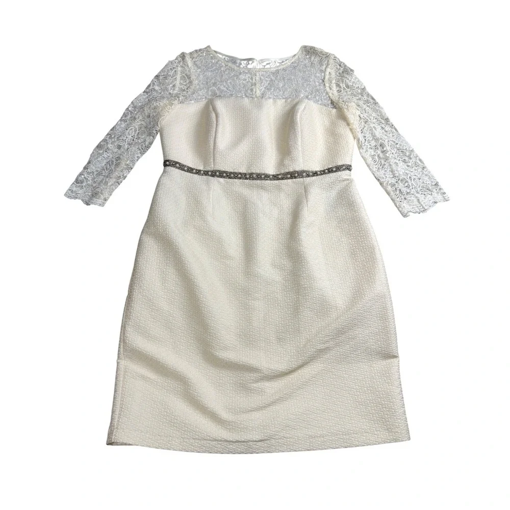 Sonia Pena Lace Sheath Dress Womens 16 Ivory Beaded Waist Formal Event MSRP $450